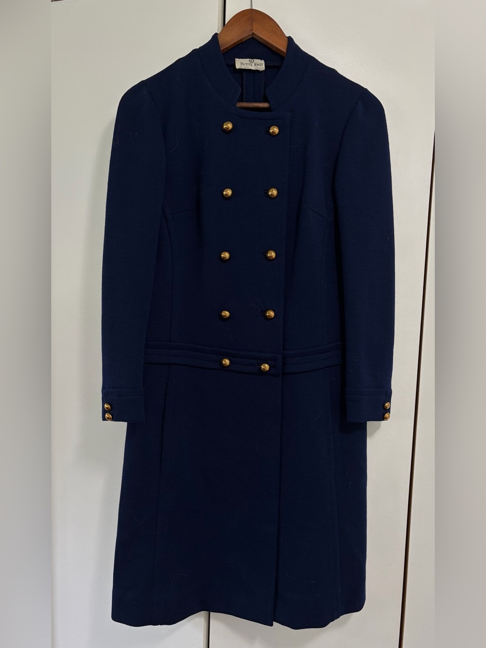 Vintage Butte Knit Navy Wool Coat Gold Buttons Military Midi Size Small Women